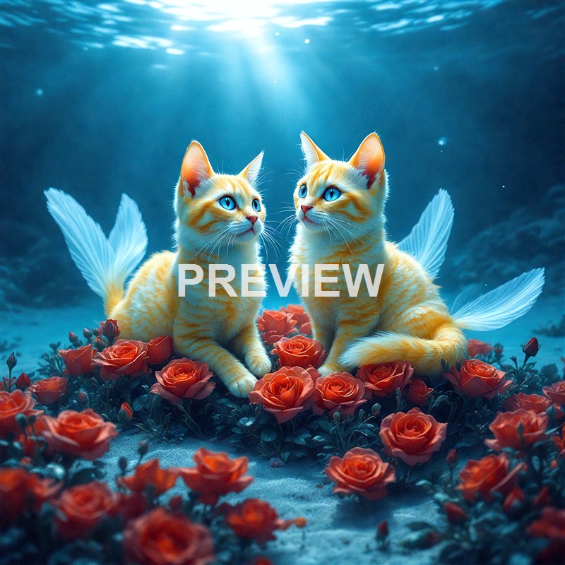 Two orange tabby cats with fairy-like wings are sitting among a bed of red roses under a moonlit, starry sky with rays of light shining down.